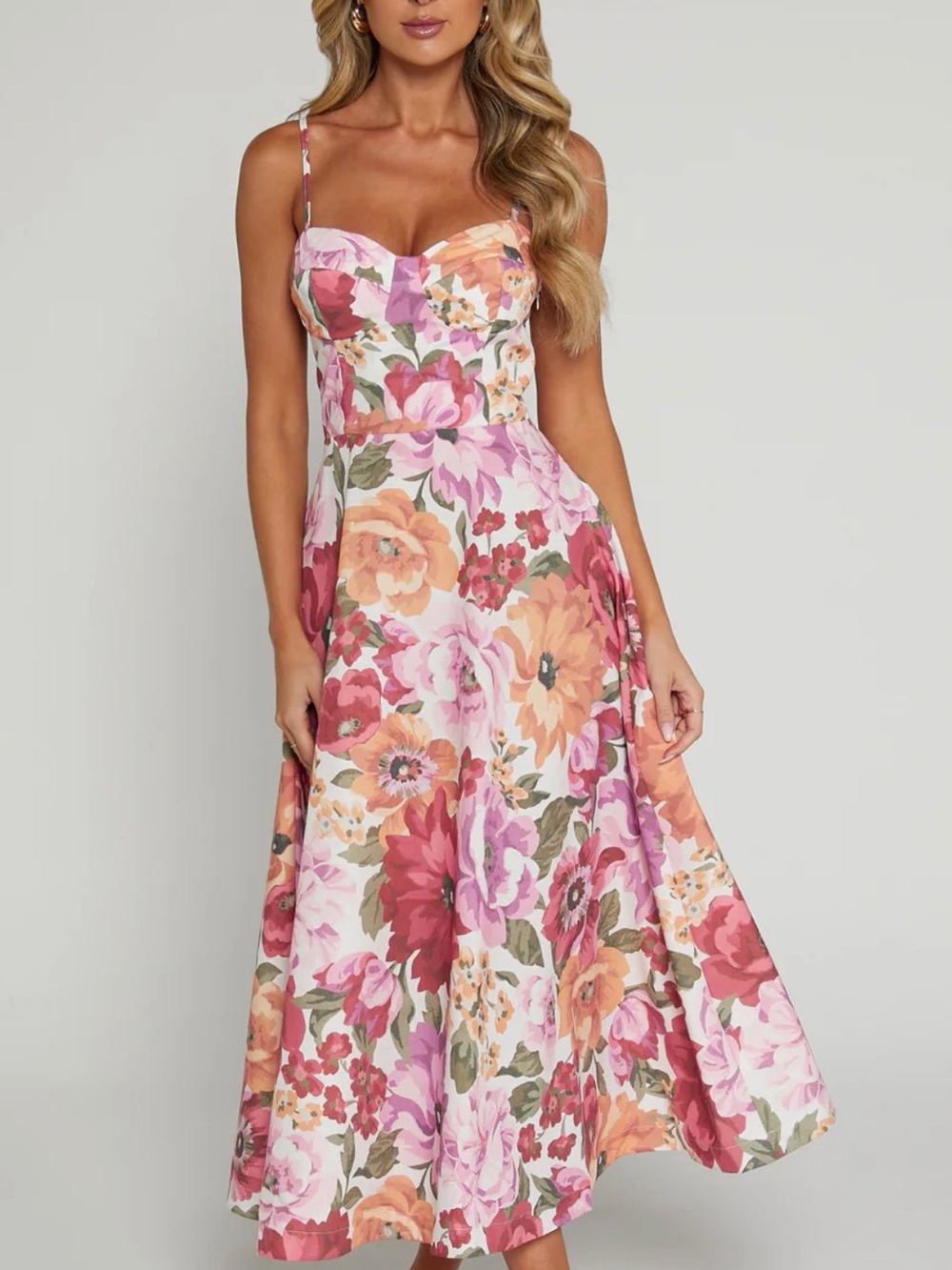 Showpo Pink and Peach Floral Bustier Midi Dress